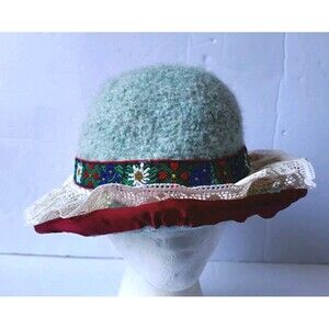 Vintage Handmade Wool Clouche Hat Floral Ribbon Crochet Lined Blue Hat OSFA
